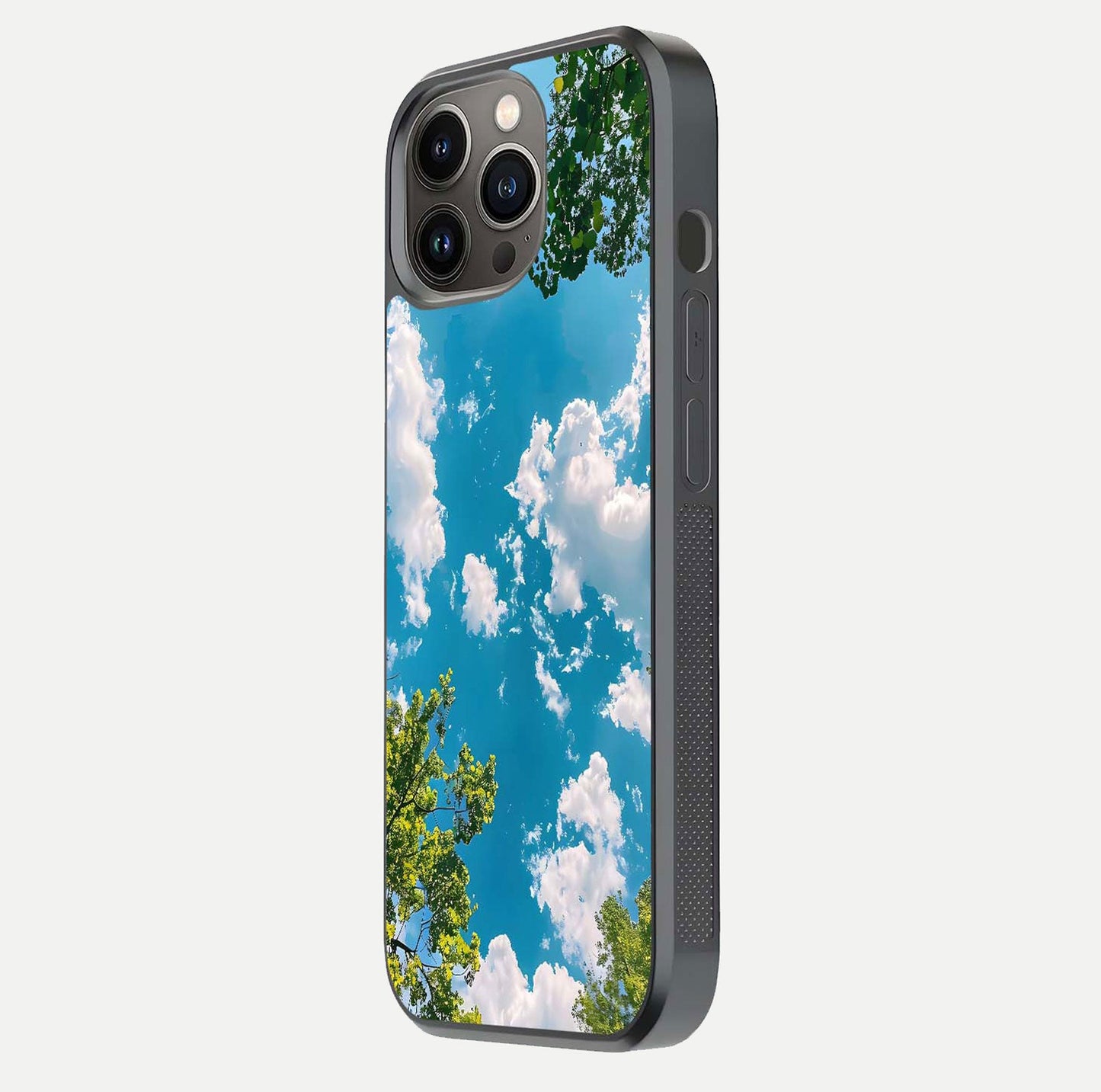 Greenery Sky Glass Case for iPhone 13 Pro side-angle image showing reflection glow and nature-themed pattern