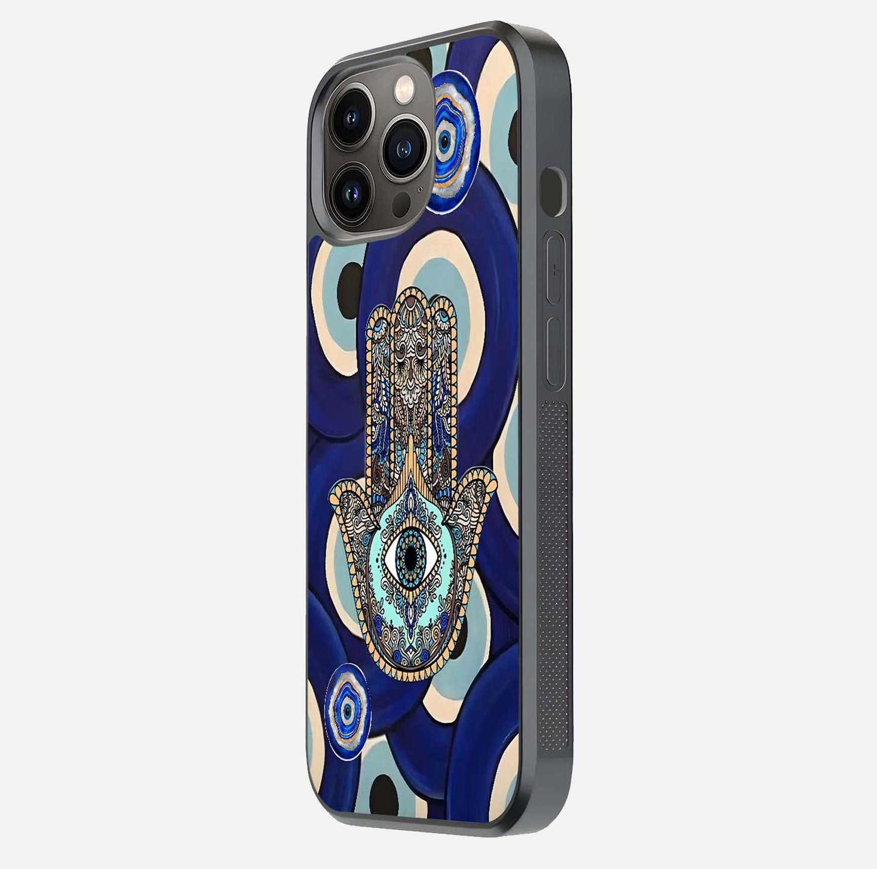 Hamsa Divine Guard Glass Case for iPhone 13 Pro side-angle image showing reflection brilliance and protective design