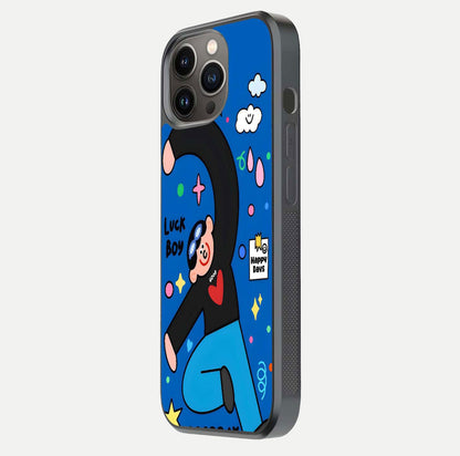 Happy Luck Vibe Glass Case for iPhone 13 Pro side-angle image showing reflection polish and vivid charm design