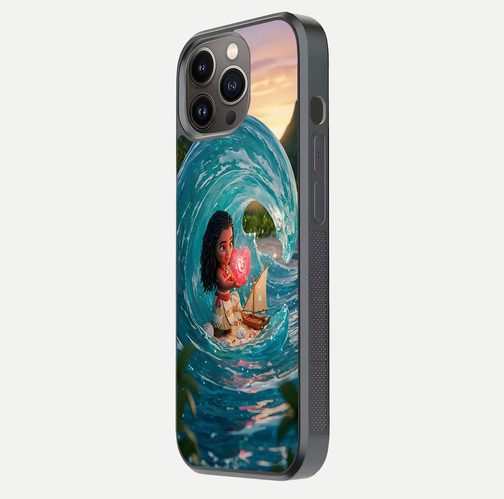 Heart of Ocean Glass Case for iPhone 13 Pro side-angle image showing reflection clarity and deep ocean texture