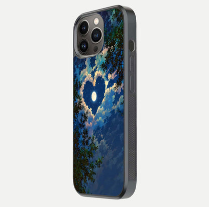 Heart with Moon Sky Glass Case for iPhone 13 Pro side-angle image showing reflection brightness and soft tone finish