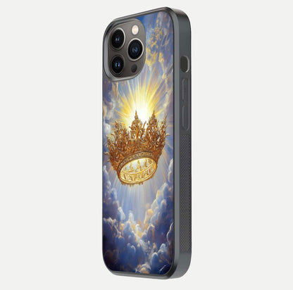 Heavenly Crown Light Glass Case for iPhone 13 Pro side-angle image showing reflection brilliance and elegant divine art