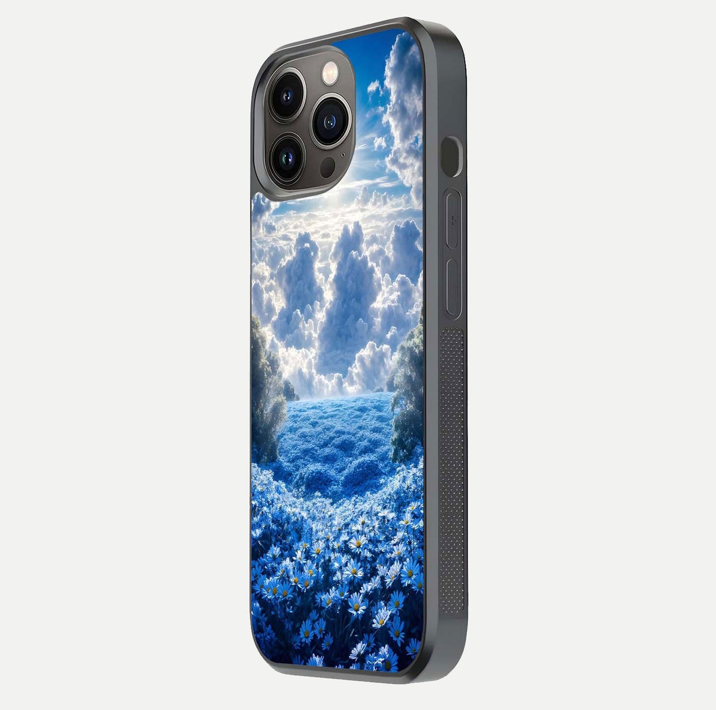 Heavenly Daisy Horizon Glass Case for iPhone 13 Pro side-angle image showing reflection depth and floral glow