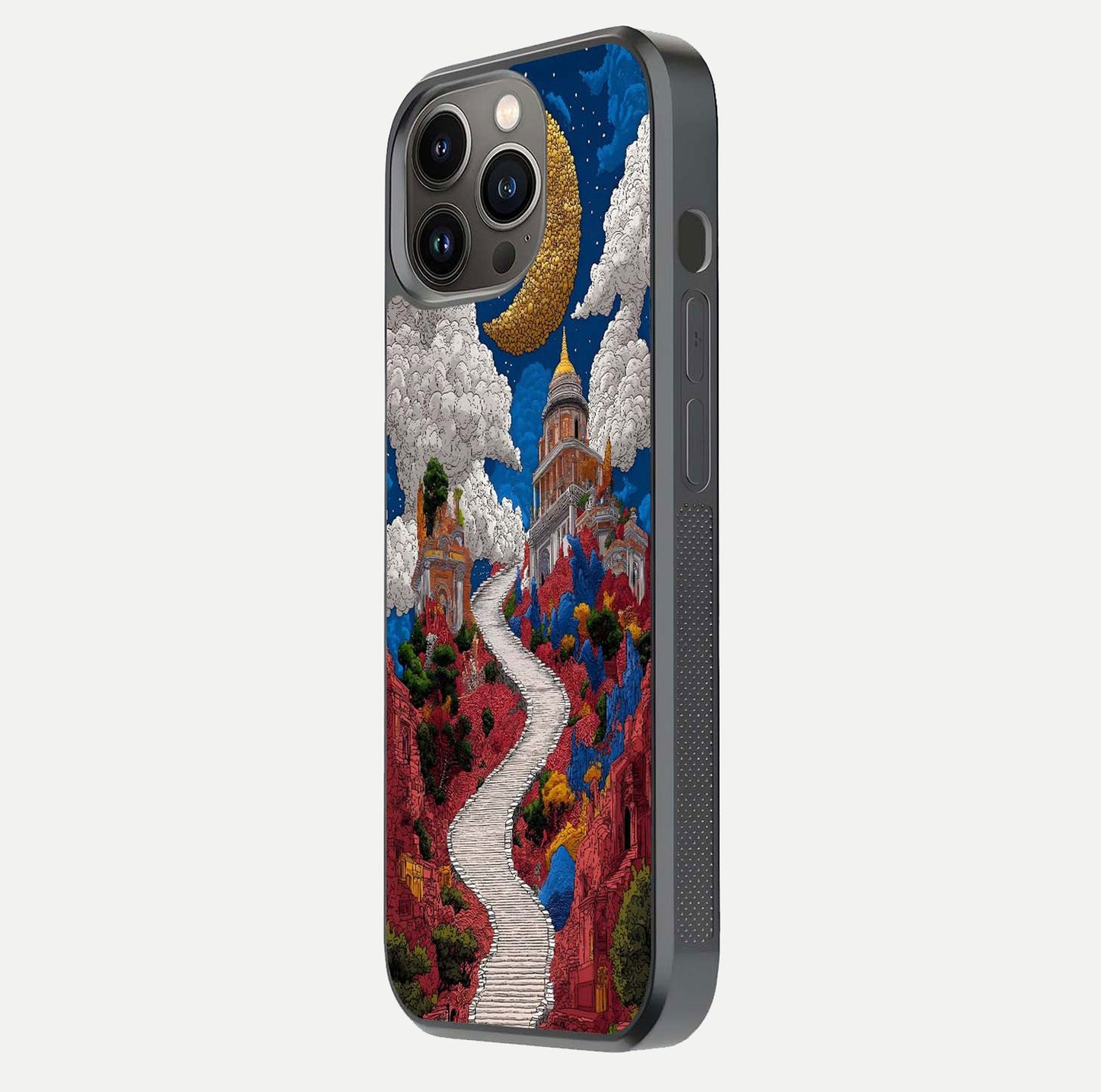 Heavenly Moon Path Glass Case for iPhone 13 Pro side-angle image showing reflection clarity and serene moon glow