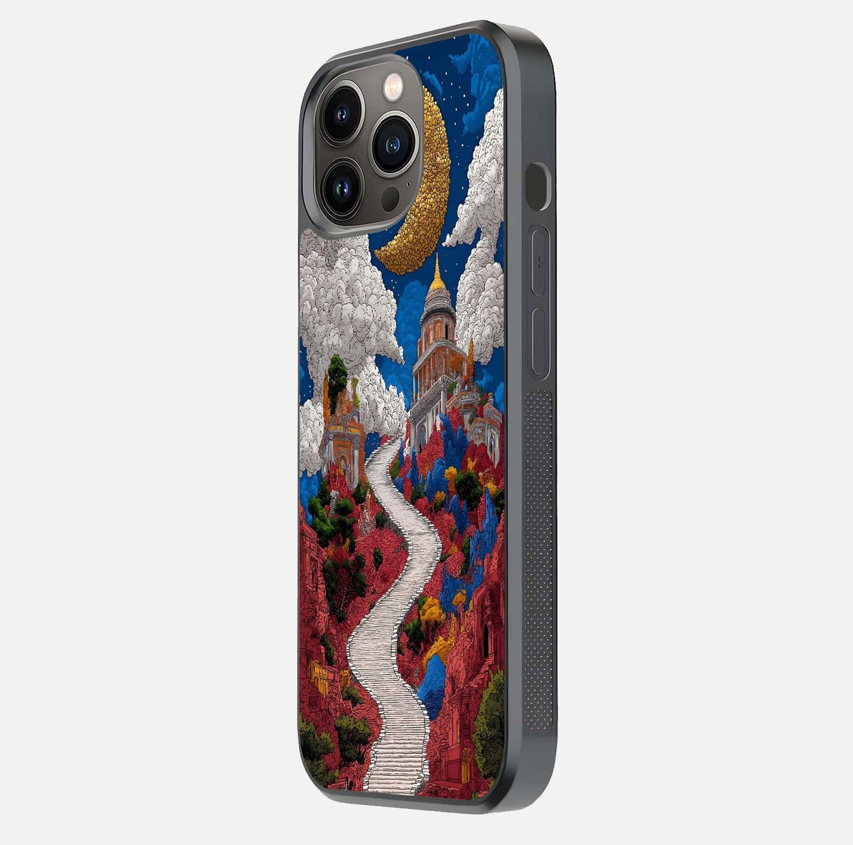 Heavenly Moon Path Glass Case for iPhone 13 Pro side-angle image showing reflection clarity and serene moon glow