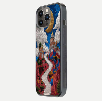 Heavenly Moon Path Glass Case for iPhone 13 Pro side-angle image showing reflection clarity and serene moon glow