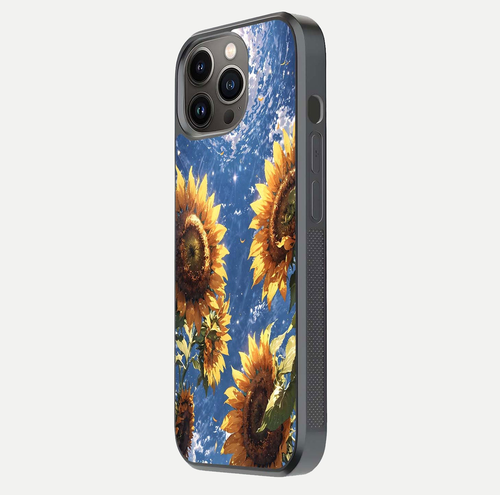 Heavenly Sunflower Rise Glass Case for iPhone 13 Pro side-angle image showing reflection glow and soft yellow tone