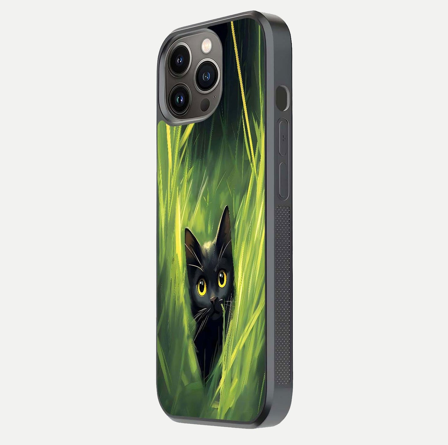 Hidden Cat Whisper Glass Case for iPhone 13 Pro side-angle image showing reflection glow and subtle artistic texture