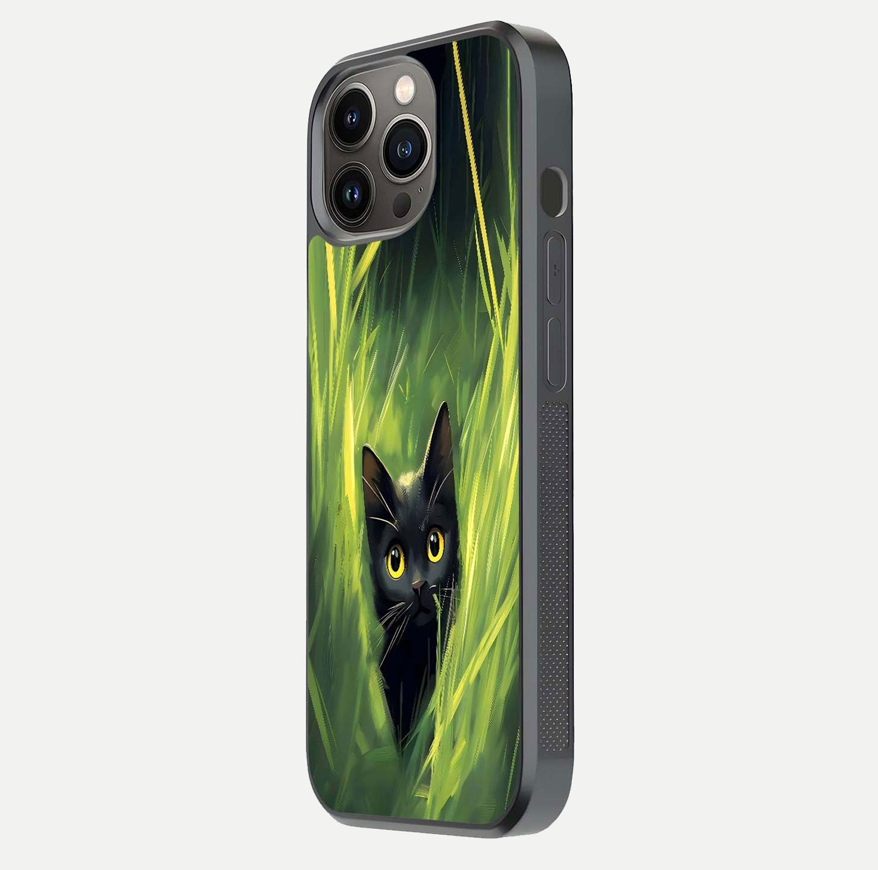 Hidden Cat Whisper Glass Case for iPhone 13 Pro side-angle image showing reflection glow and subtle artistic texture