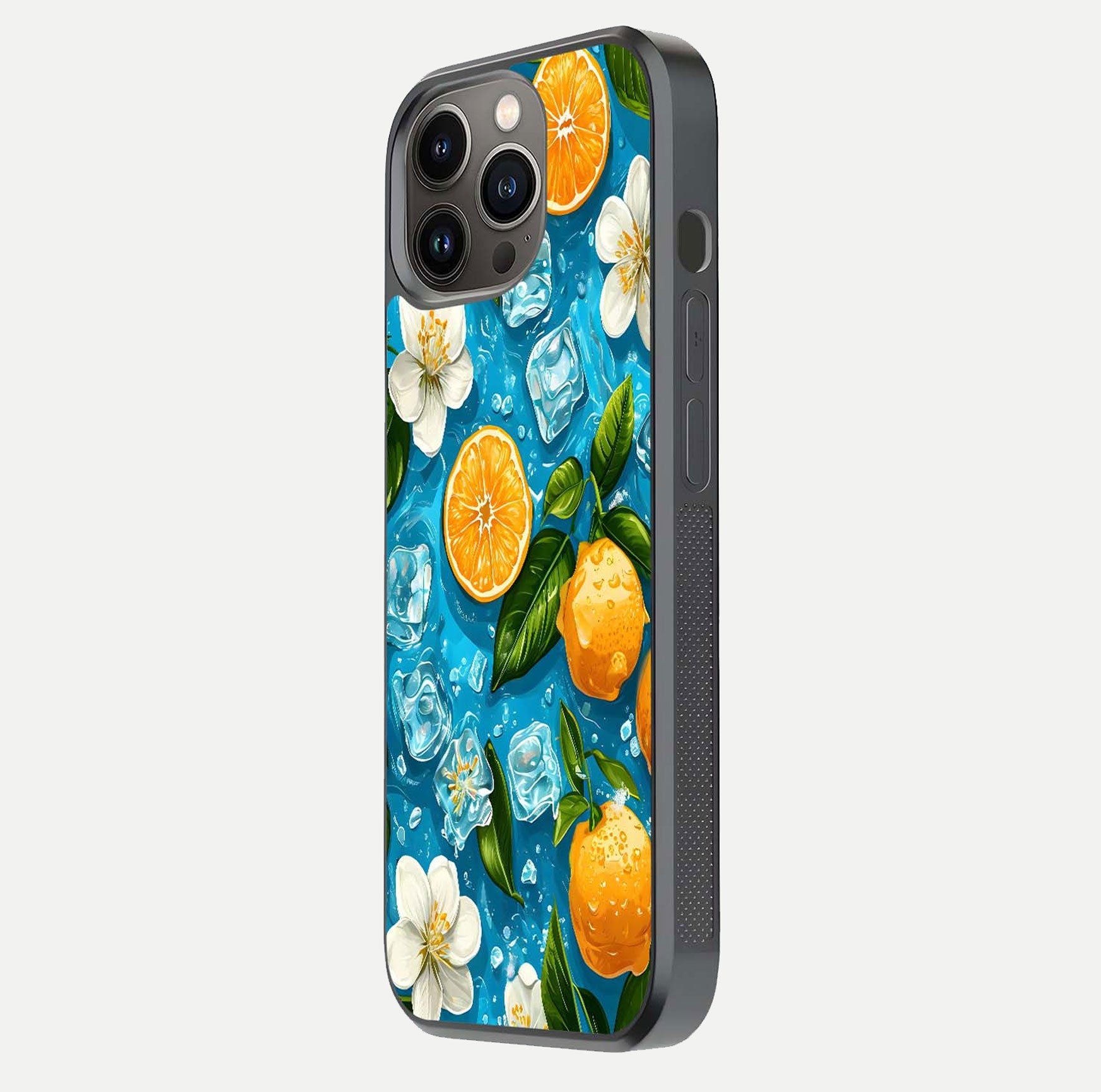 Ice Cube With Orange Glass Case for iPhone 13 Pro side-angle image showing reflection brightness and juicy pattern detail