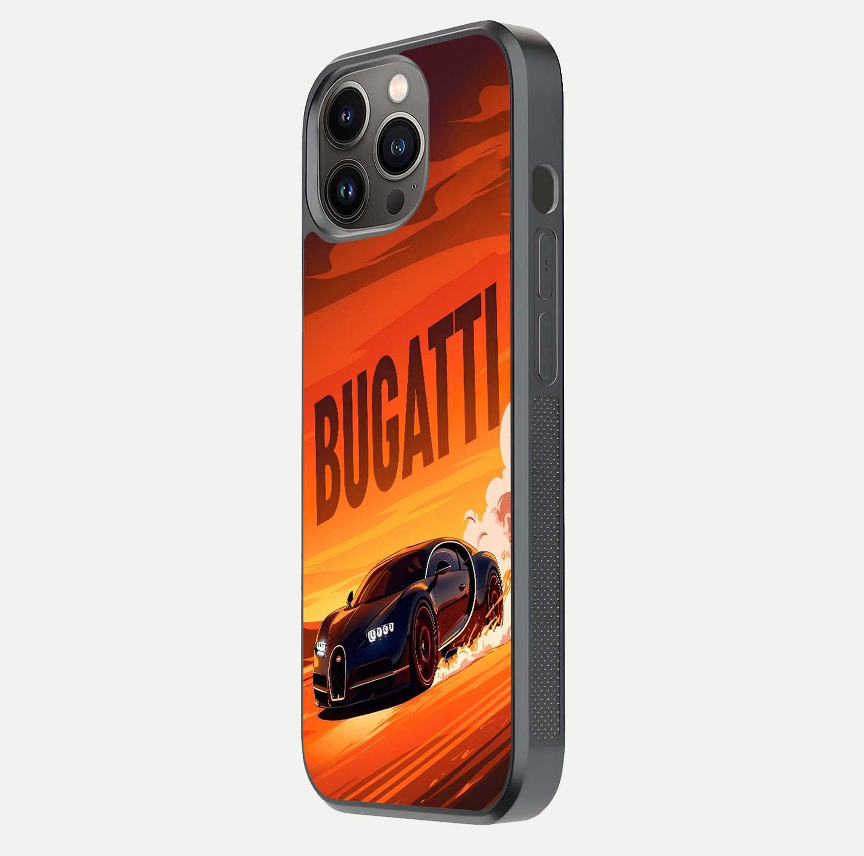 Inferno Bugatti Storm Glass Case for iPhone 13 Pro side-angle image showing reflection glow and vibrant red tones