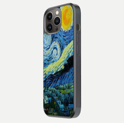 Inspired Van Gogh Art Glass Case for iPhone 13 Pro side-angle image showing reflection brilliance and painted surface look