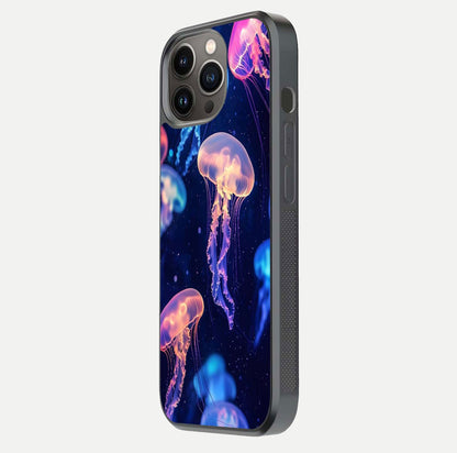 Jellyfish Pattern Glass Case for iPhone 13 Pro side-angle image showing reflection glow and soft water-blue gradient