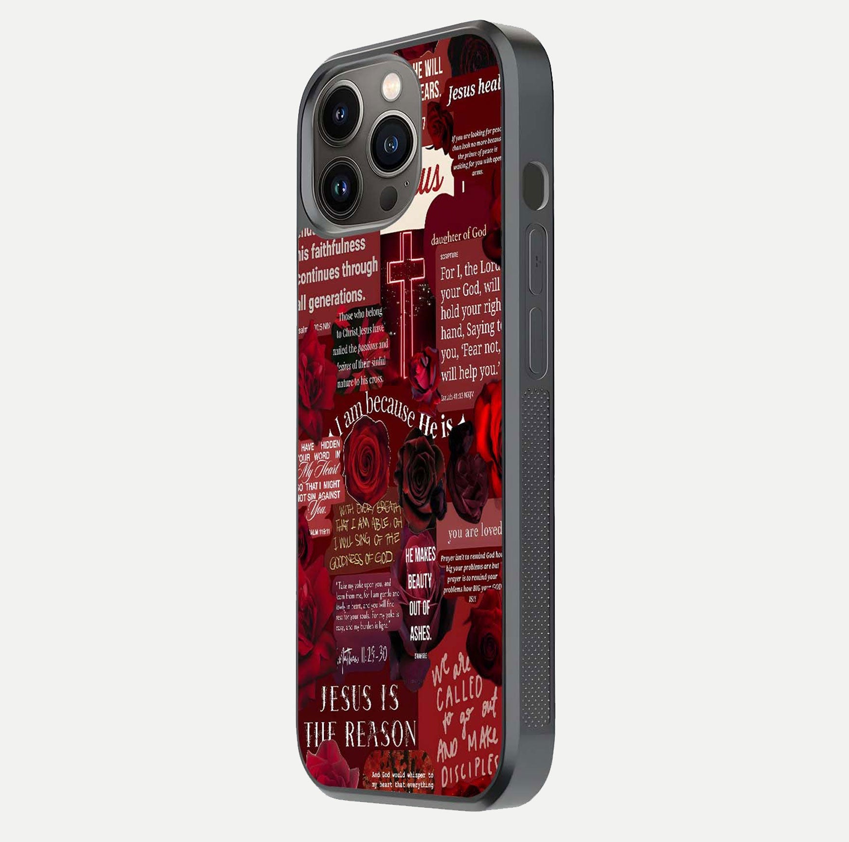 Jesus Love Heals Glass Case for iPhone 13 Pro side-angle image highlighting gloss depth and spiritual aura