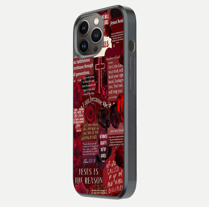 Jesus Love Heals Glass Case for iPhone 13 Pro side-angle image highlighting gloss depth and spiritual aura