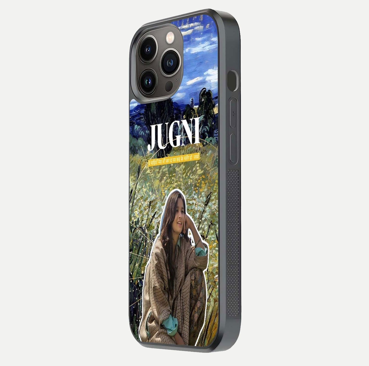Jugni Soul Vibes Glass Case for iPhone 13 Pro side-angle image with stylish typography and HD finish