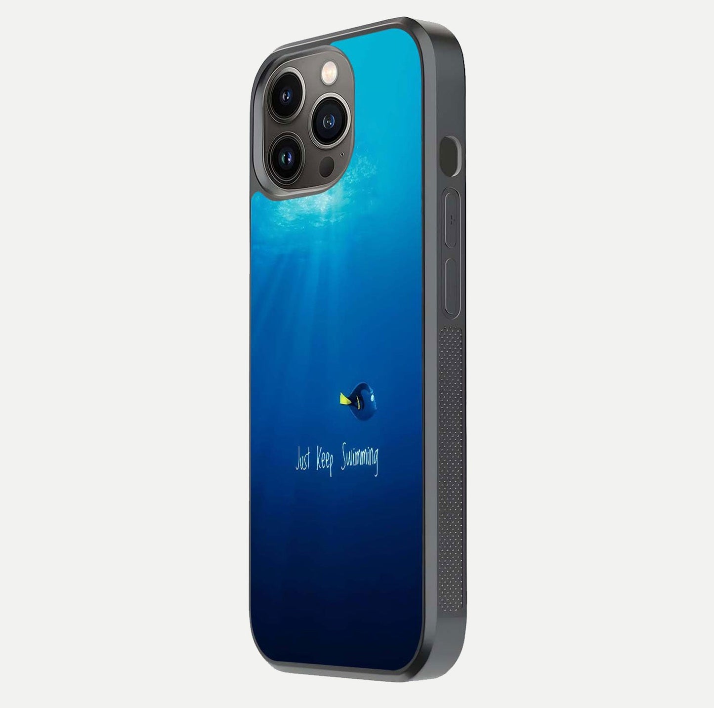 Just Keep Swimming Glass Case for iPhone 13 Pro side-angle image highlighting reflective surface and positive quote