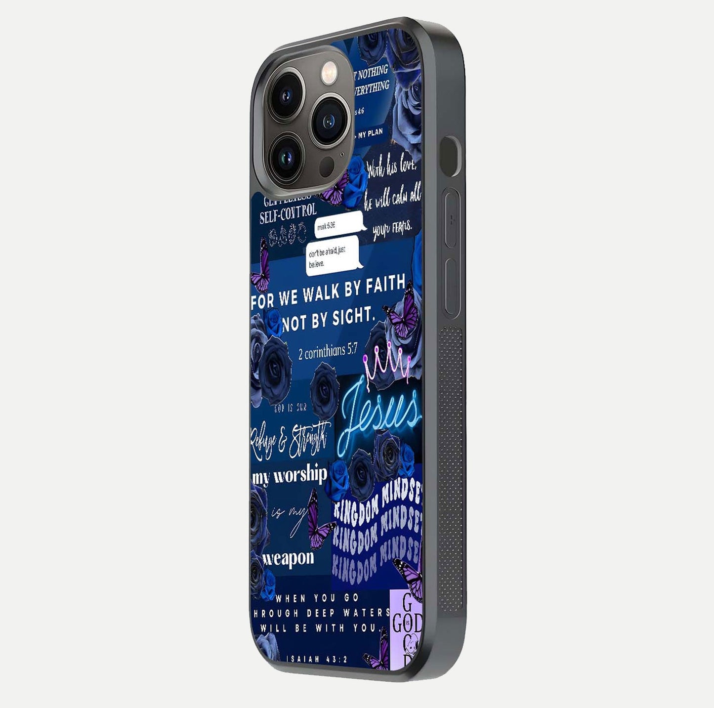 Kingdom Faith Glow Glass Case for iPhone 13 Pro side-angle image with reflective cross and faith glow