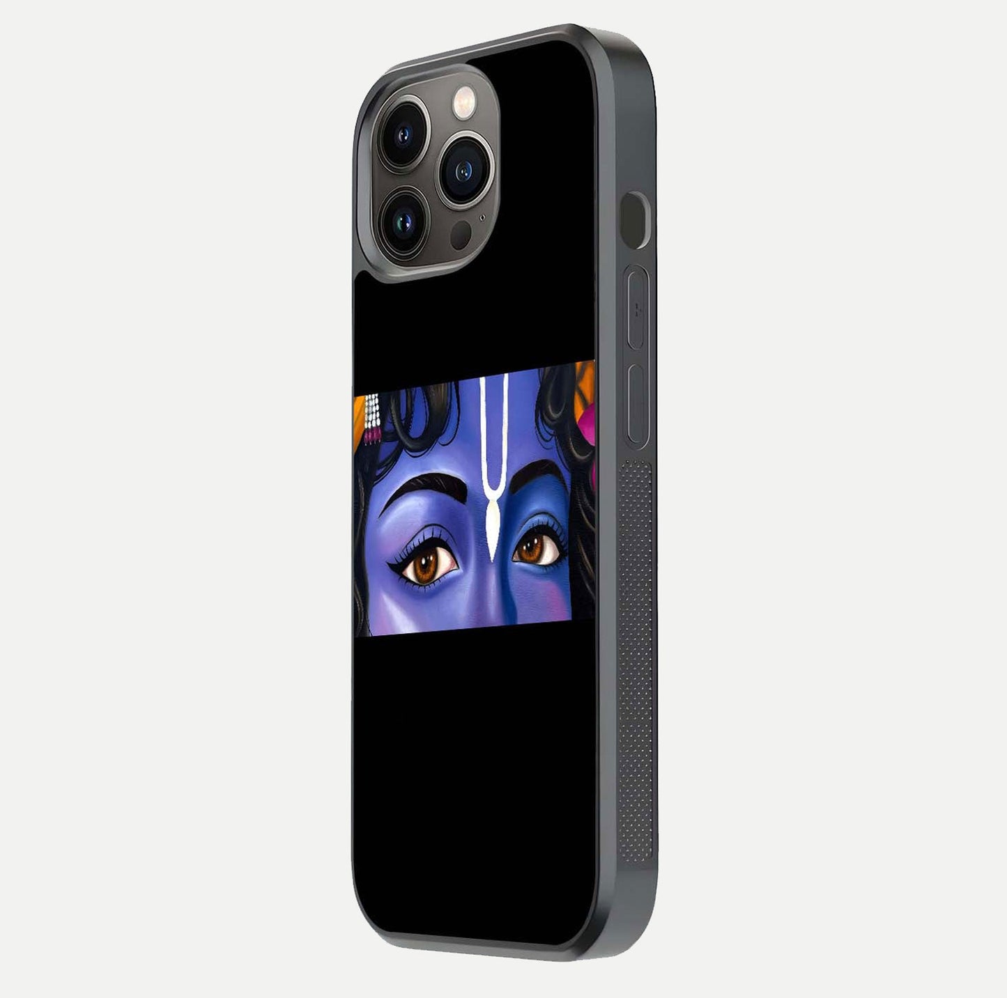 Krishna Eye Glass Case for iPhone 13 Pro side-angle image showing reflection clarity and Krishna symbol design