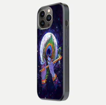 Krishna Hands Art Glass Case for iPhone 13 Pro side-angle image highlighting reflection brightness and vivid print