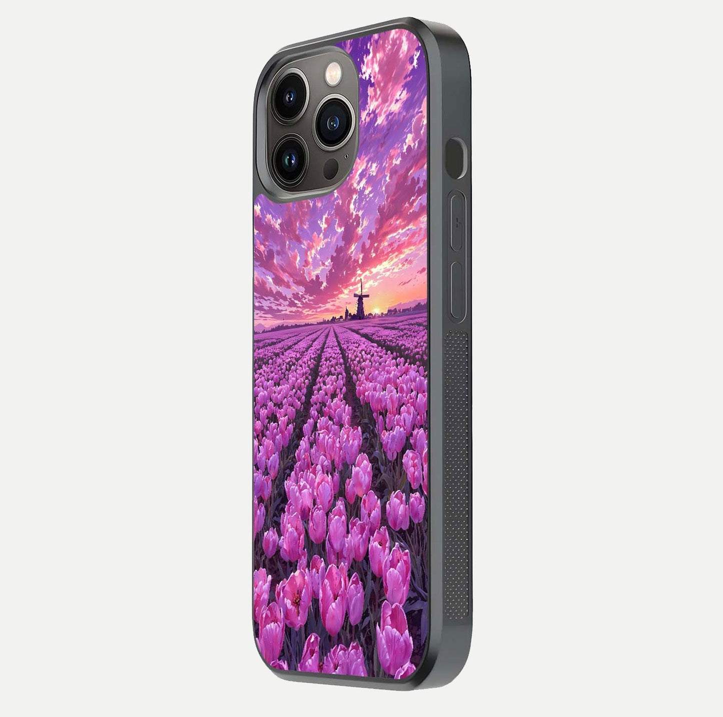 Lavender Dream Skies Glass Case for iPhone 13 Pro side-angle image showing reflection depth and serene tones