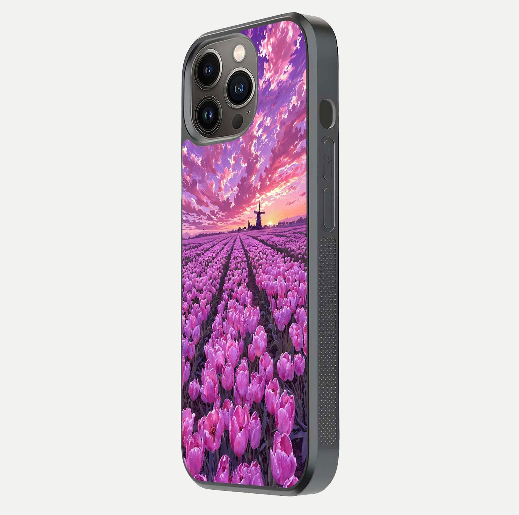 Lavender Dream Skies Glass Case for iPhone 13 Pro side-angle image showing reflection depth and serene tones