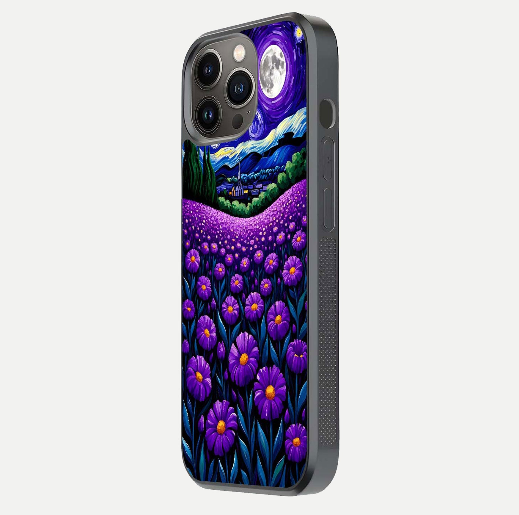 Lavender Moon Field Glass Case for iPhone 13 Pro side-angle image showing HD reflection and moonlit lavender art