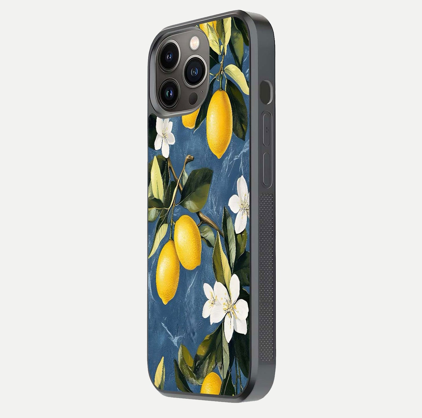 Lemon Dream Garden Glass Case for iPhone 13 Pro side-angle image showing reflection clarity and artistic fruit design