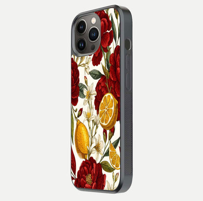 Lemon Rose Charm Glass Case for iPhone 13 Pro side-angle image revealing reflection depth and vibrant flower art