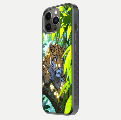 Leopard in Jungle Glass Case for iPhone 13 Pro side-angle shot emphasizing contrast and fierce design clarity