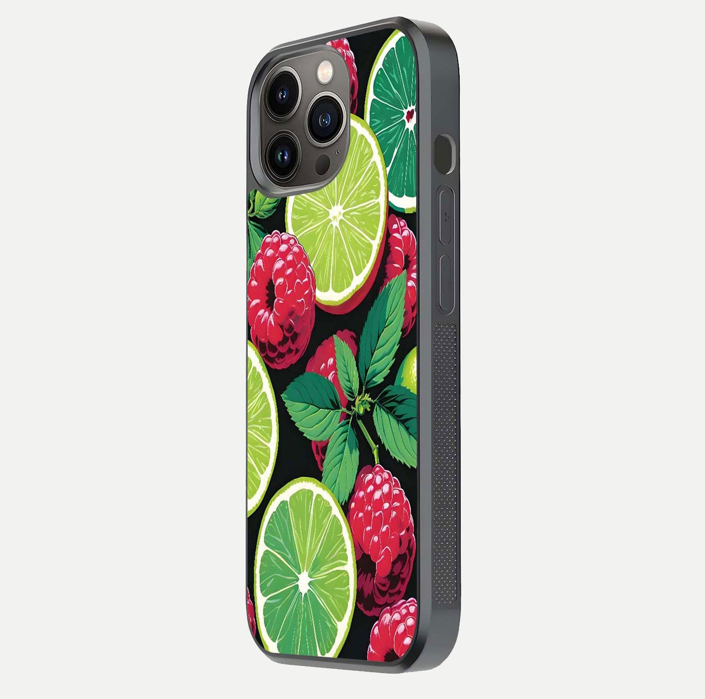 Lime and Raspberry Pattern Glass Case for iPhone 13 Pro side-angle view revealing colorful fruit artwork details