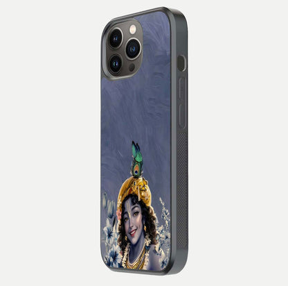 Lord Krishna Glass Case for iPhone 13 Pro side-angle image emphasizing premium reflection and sacred motif
