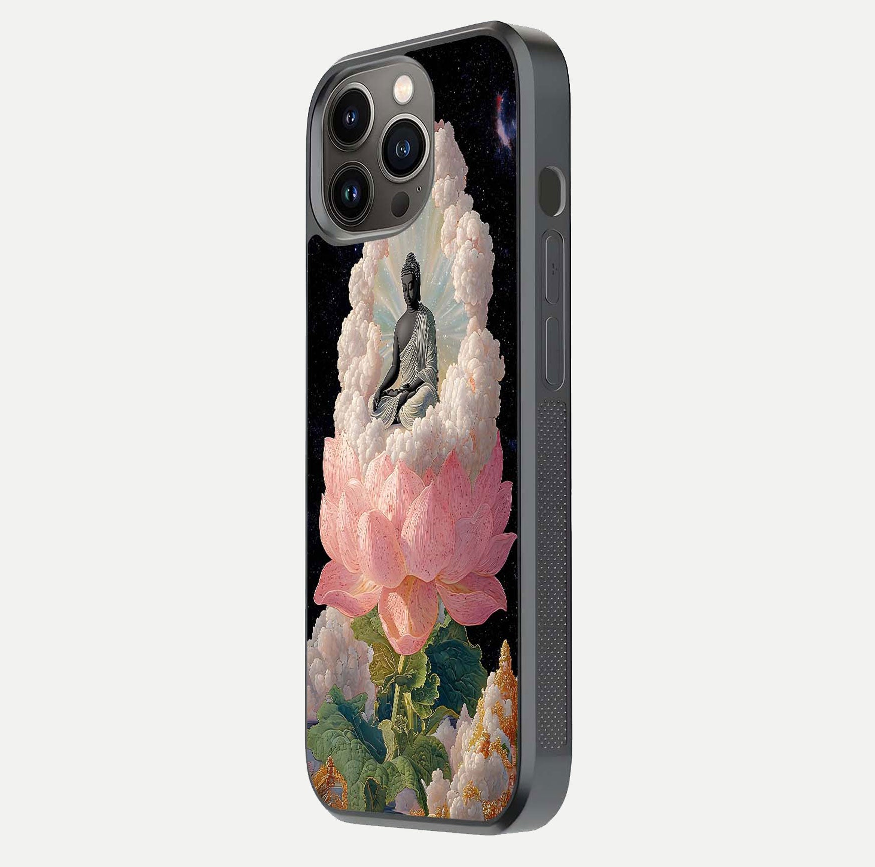 Lotus Divine Peace Glass Case for iPhone 13 Pro side-angle shot showing elegant shine and floral symmetry
