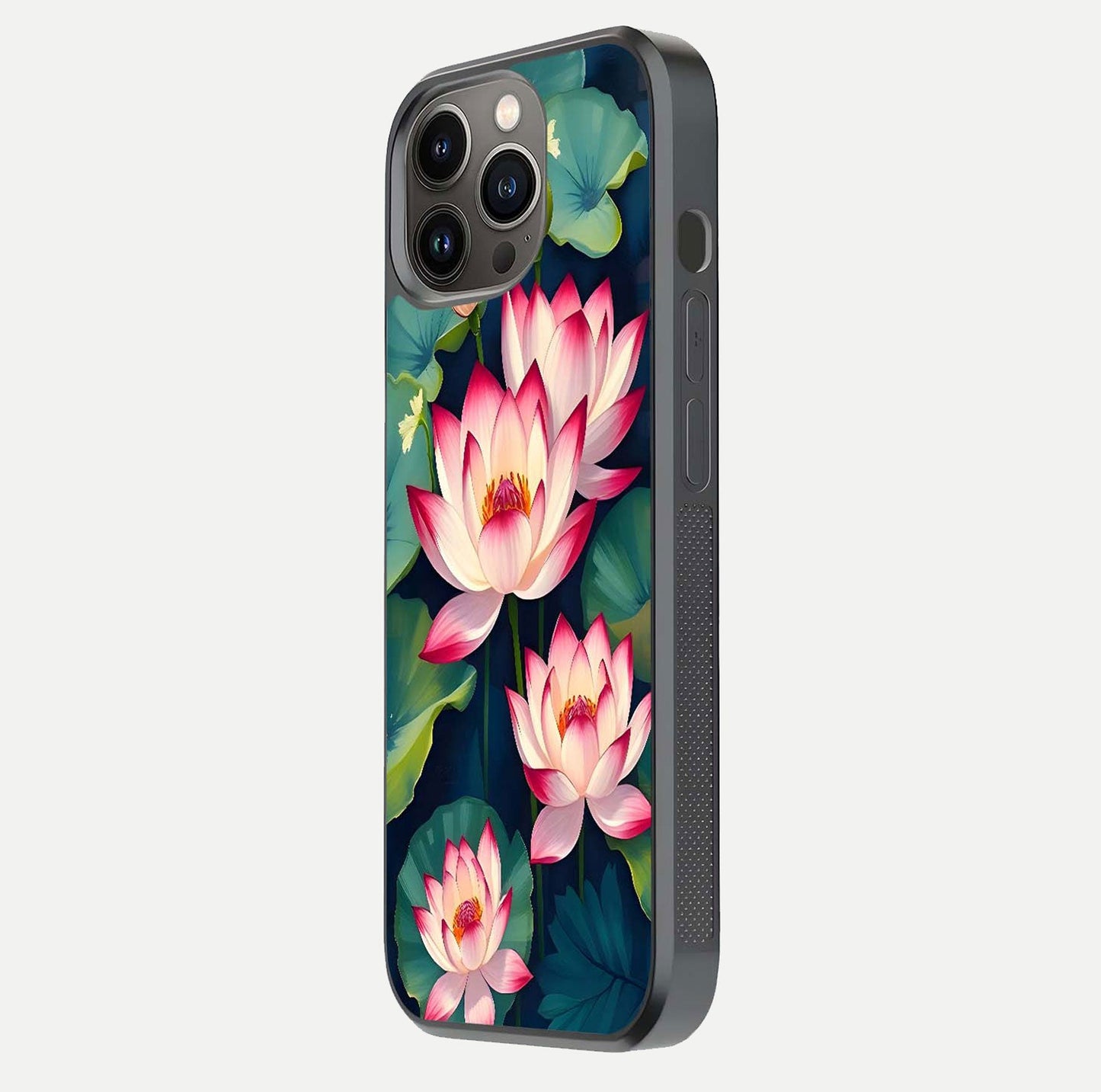 Lotus Dream Serenity Glass Case for iPhone 13 Pro side-angle image revealing reflection clarity and calm tones