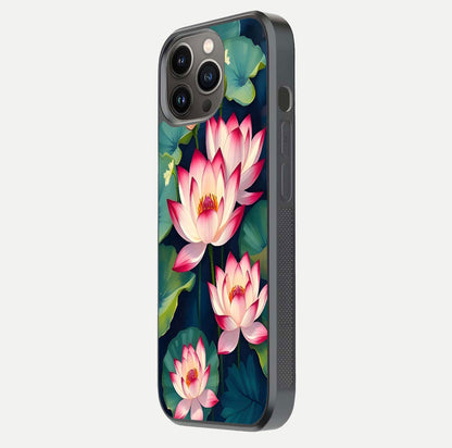 Lotus Dream Serenity Glass Case for iPhone 13 Pro side-angle image revealing reflection clarity and calm tones