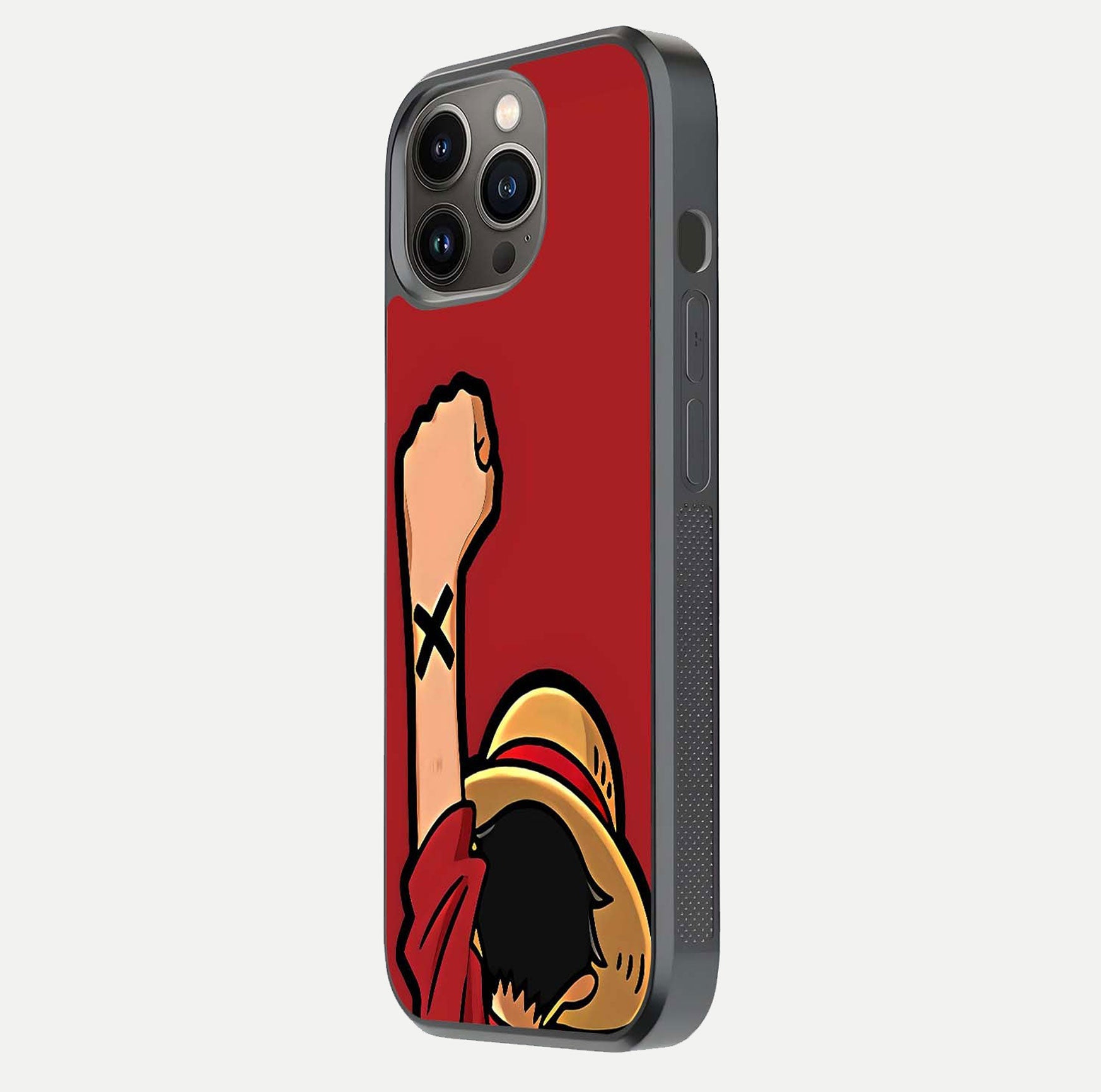 Luffy X Spirit Glass Case for iPhone 13 Pro side-angle image highlighting reflection strength and anime print