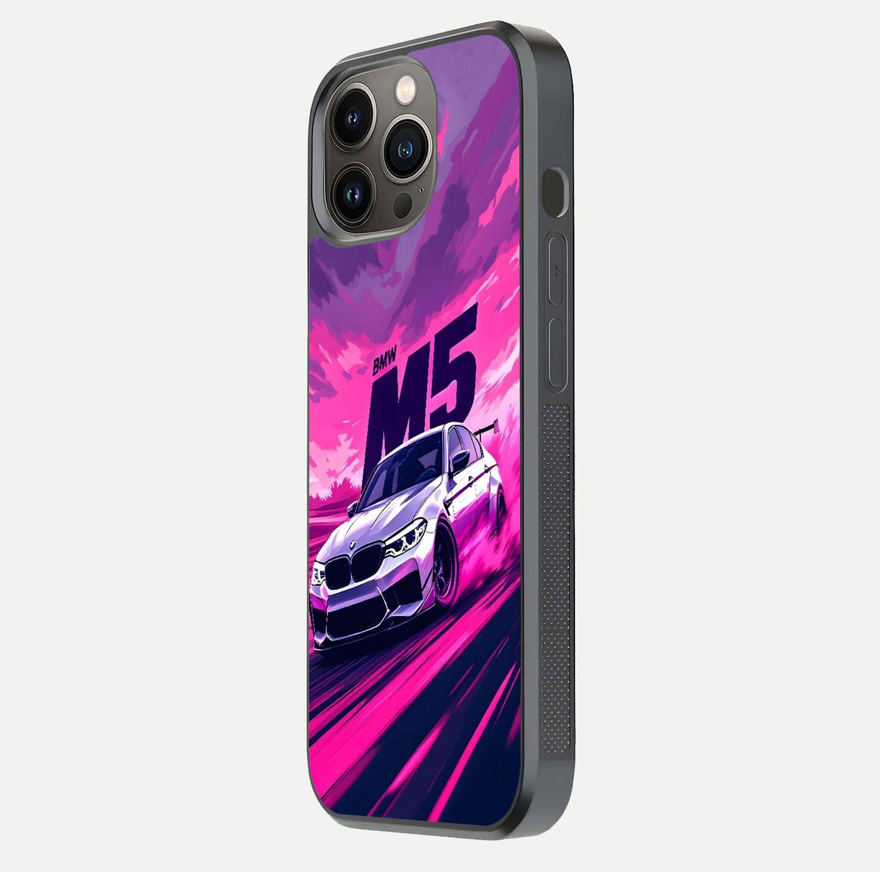 MS Neon Car Glass Case for iPhone 13 Pro side-angle image showing glow reflection and car detailing