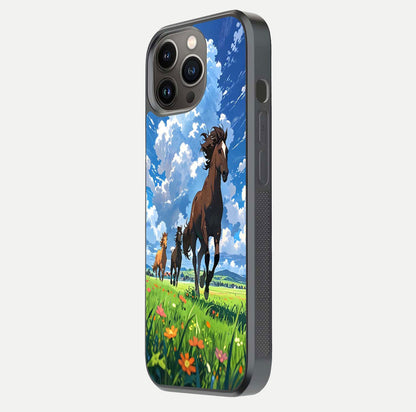 Majestic Horses Galloping Glass Case for iPhone 13 Pro side-angle shot emphasizing reflection and running artwork