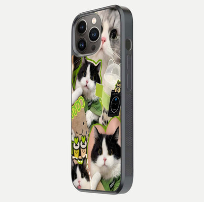 Matcha Cats Mood Glass Case for iPhone 13 Pro side-angle image showing shine clarity and cat pattern charm