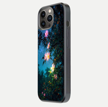 Midnight Bloom Glow Glass Case for iPhone 13 Pro side-angle image revealing reflection and deep midnight hues