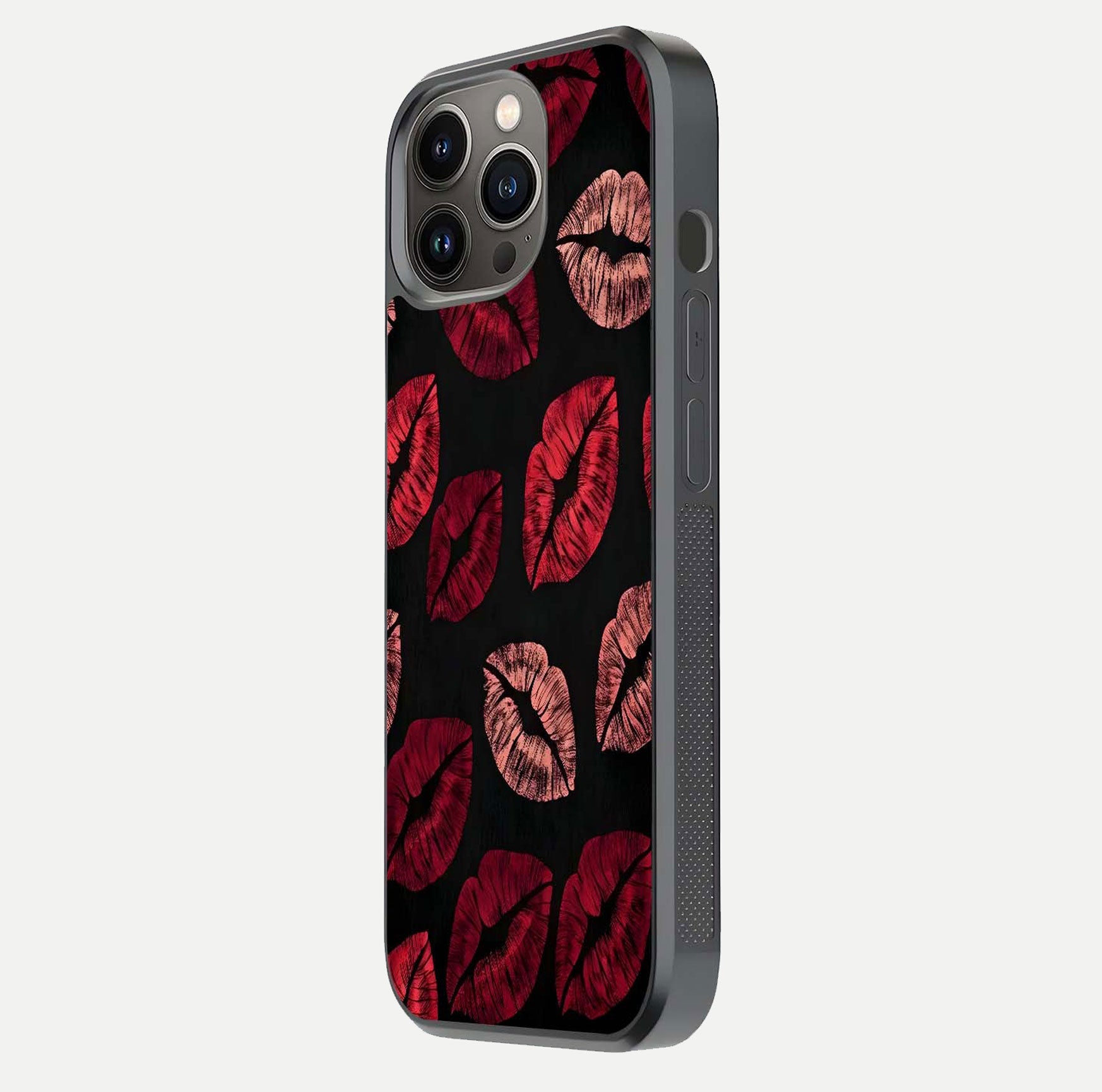 Midnight Kiss Love Glass Case for iPhone 13 Pro side-angle image revealing gloss texture and deep love motif