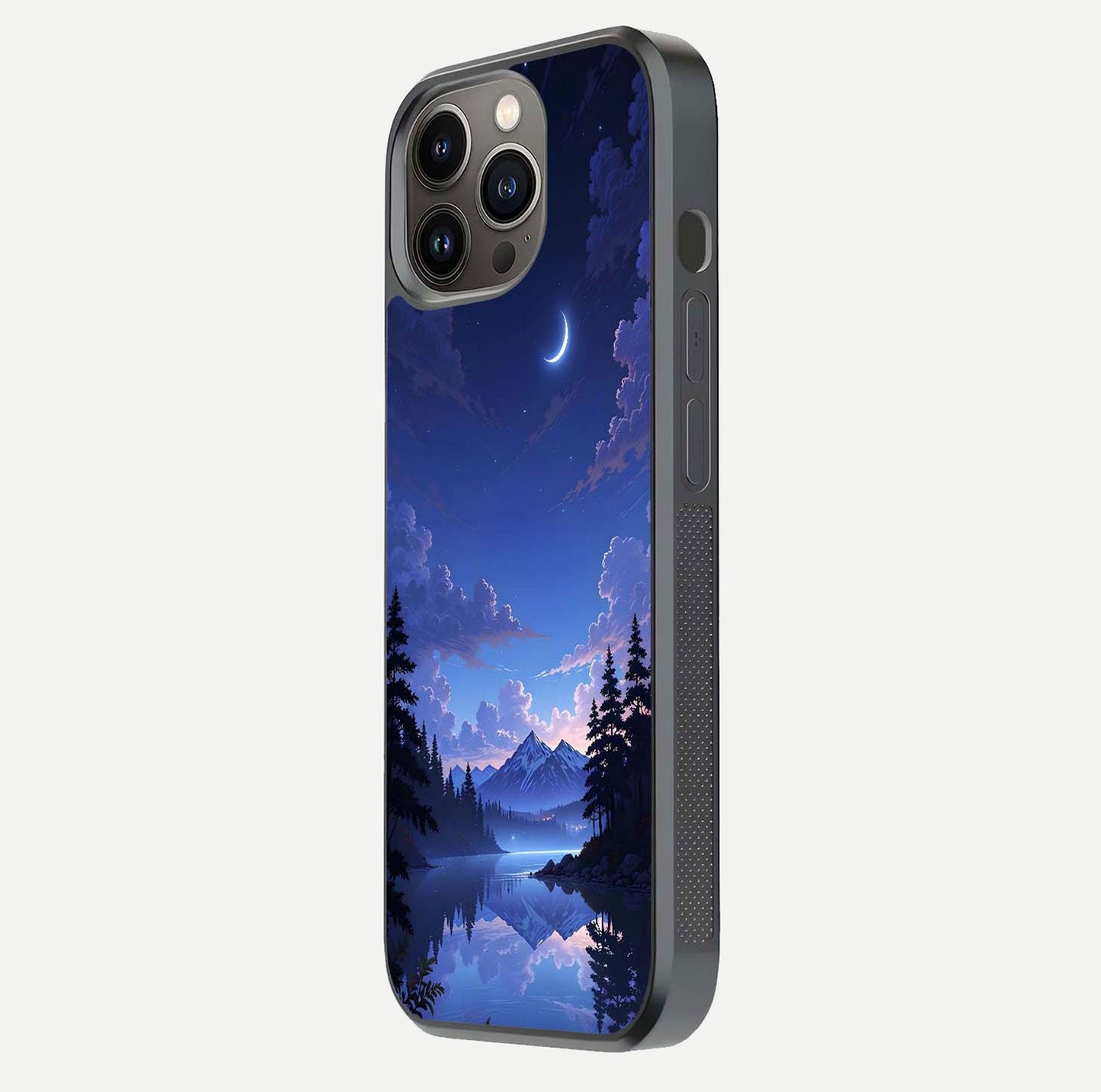Midnight Lake Peace Glass Case for iPhone 13 Pro side-angle image showing HD shine and tranquil color tones