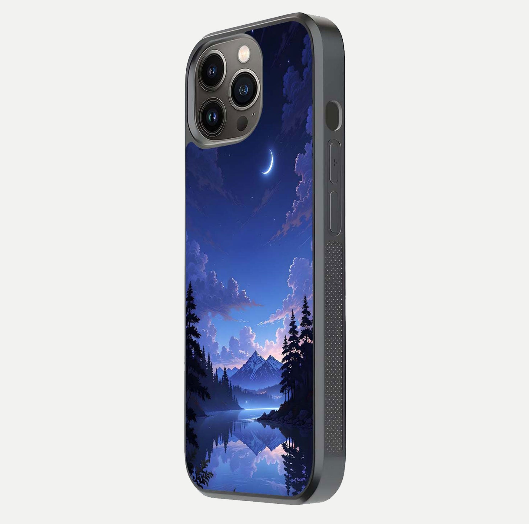 Midnight Lake Peace Glass Case for iPhone 13 Pro side-angle image showing HD shine and tranquil color tones