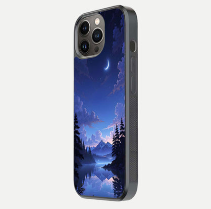 Midnight Lake Peace Glass Case for iPhone 13 Pro side-angle image showing HD shine and tranquil color tones