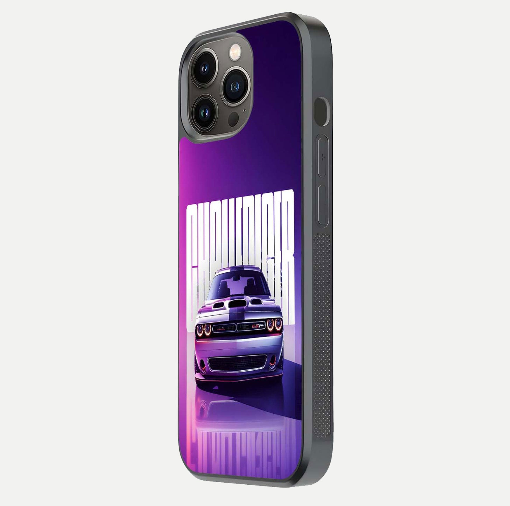 Midnight Muscle Ride Glass Case for iPhone 13 Pro side-angle image showing reflection clarity and bold design