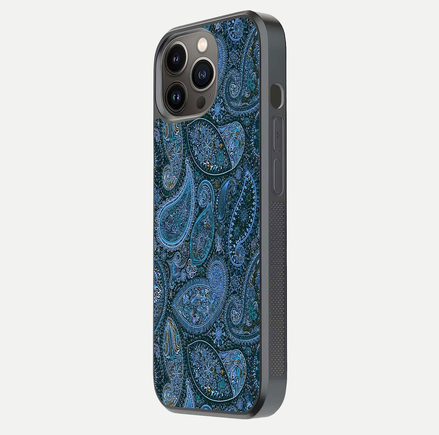 Midnight Paisley Glow Glass Case for iPhone 13 Pro side-angle image revealing reflective gloss and paisley art