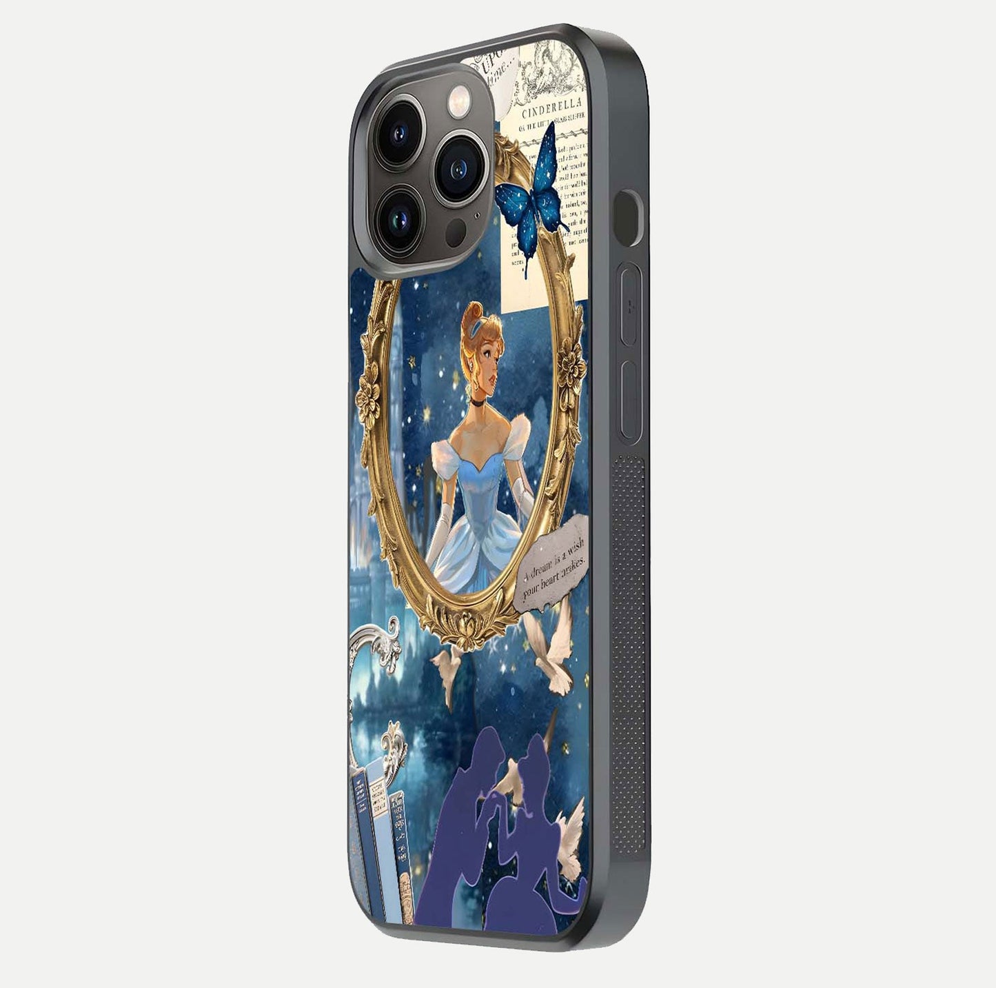Midnight Queen Glass Case for iPhone 13 Pro side-angle image showing reflection brightness and elegant tone
