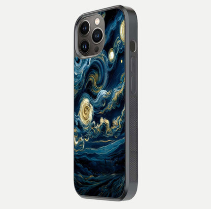 Midnight Sky Whirl Glass Case for iPhone 13 Pro side-angle image showing reflection depth and galaxy pattern