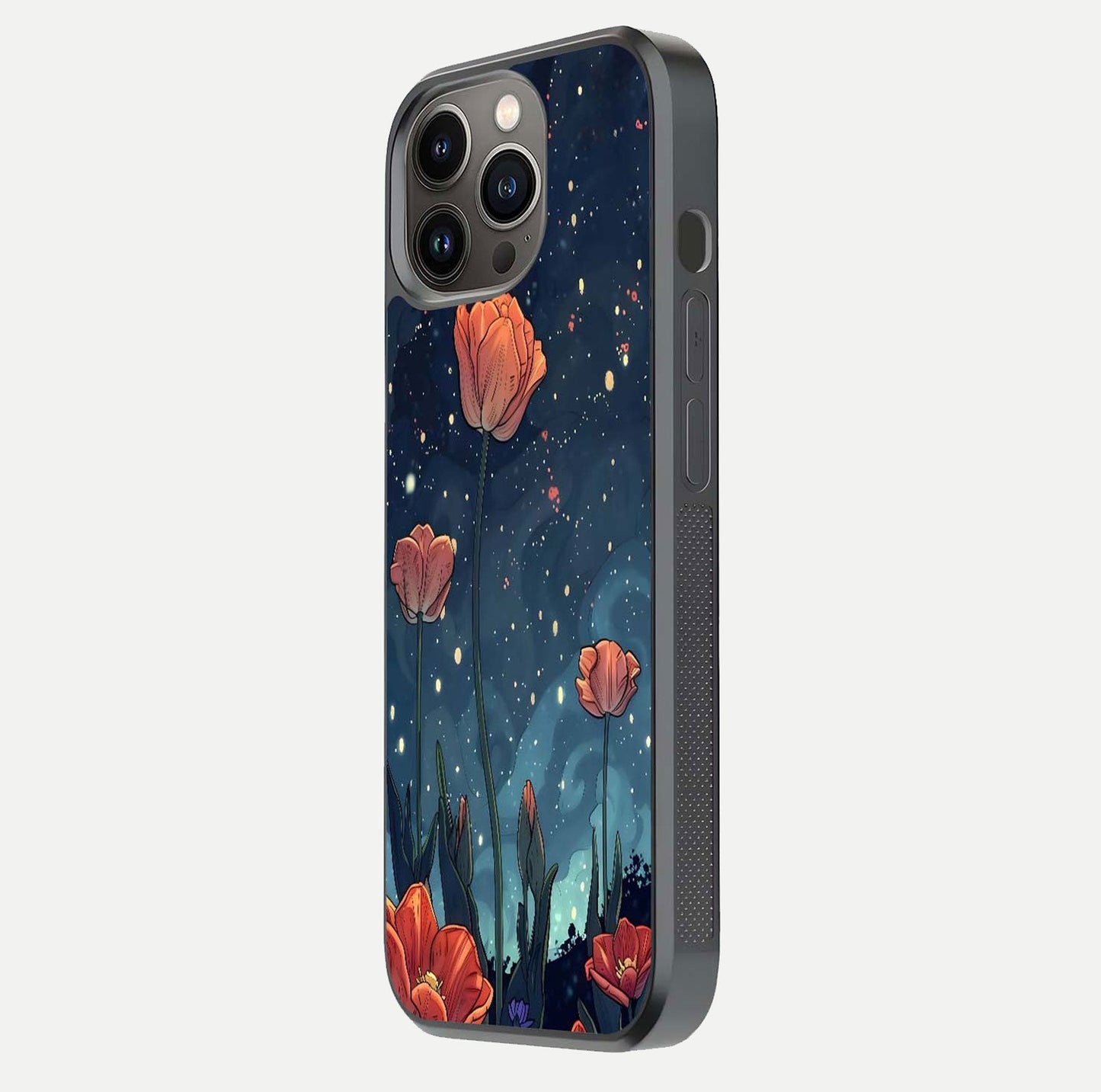 Midnight Tulip Glow Glass Case for iPhone 13 Pro side-angle image showing shine depth and flower artwork