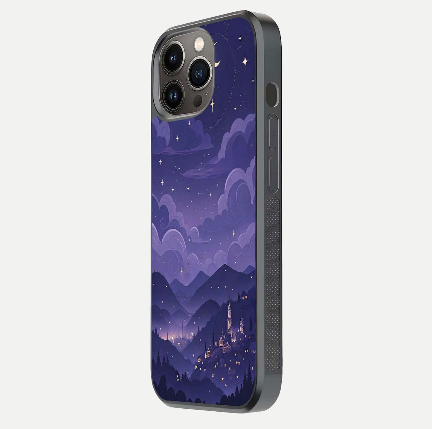 Minimal Night View Glass Case for iPhone 13 Pro side-angle image showing subtle reflection and urban design